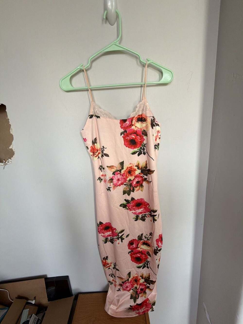 ChicMe Women's Floral Print Satin Midi Slip Dress with Lace Trim‎ and Back Slit
